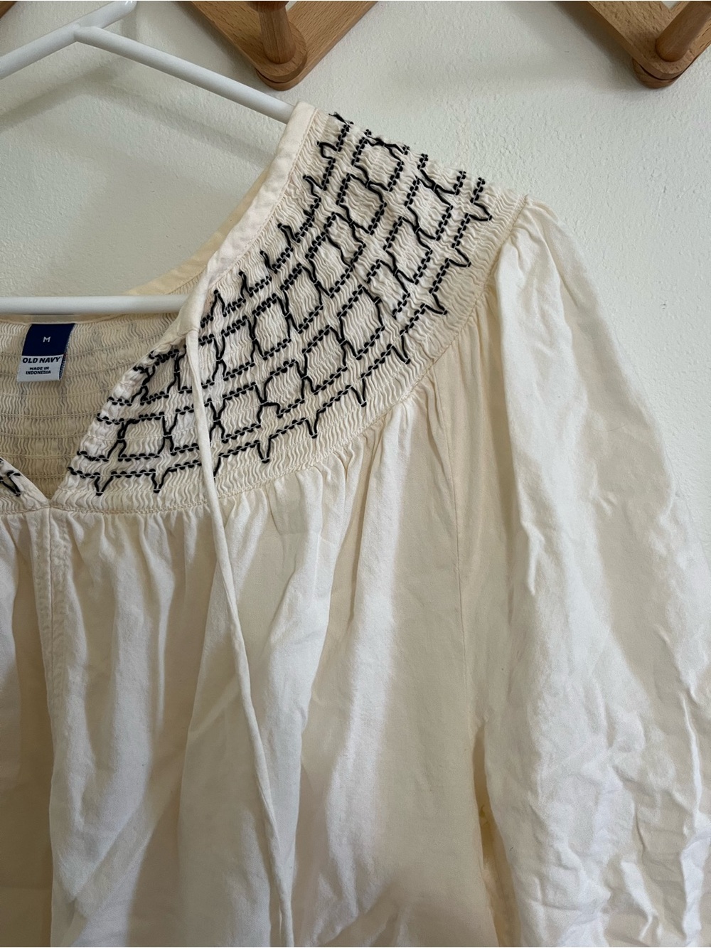 Old Navy Cream Peasant Blouse with Black Smocking